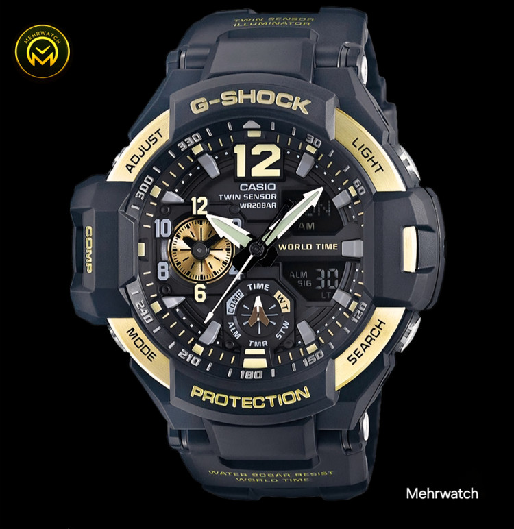 ساعت کاسیو جیشاک خلبانی Gravity master مدل "GA 1100" طلایی